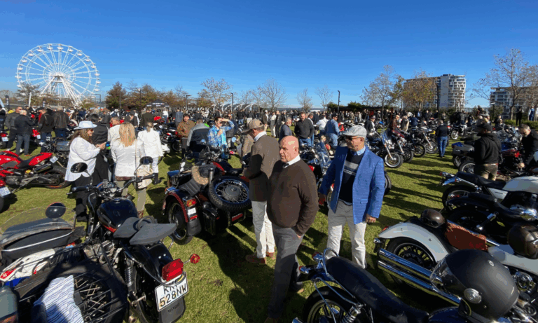 A large crowd gathers at the Distinguished Gentlemans Ride 2025 South Africa on a sunny day, with dozens of classic and modern motorcycles parked on the grass. People chat and admire the bikes, while a Ferris wheel stands tall in the background.