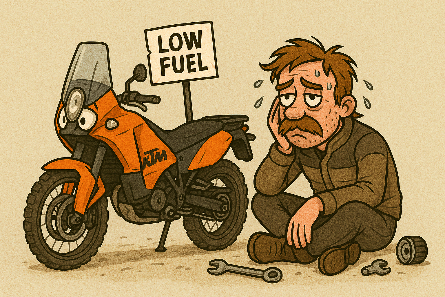 An illustrated scene featuring a frustrated man sitting beside an orange KTM motorcycle, looking worried about running out of fuel, with a 'LOW FUEL' sign in the background.