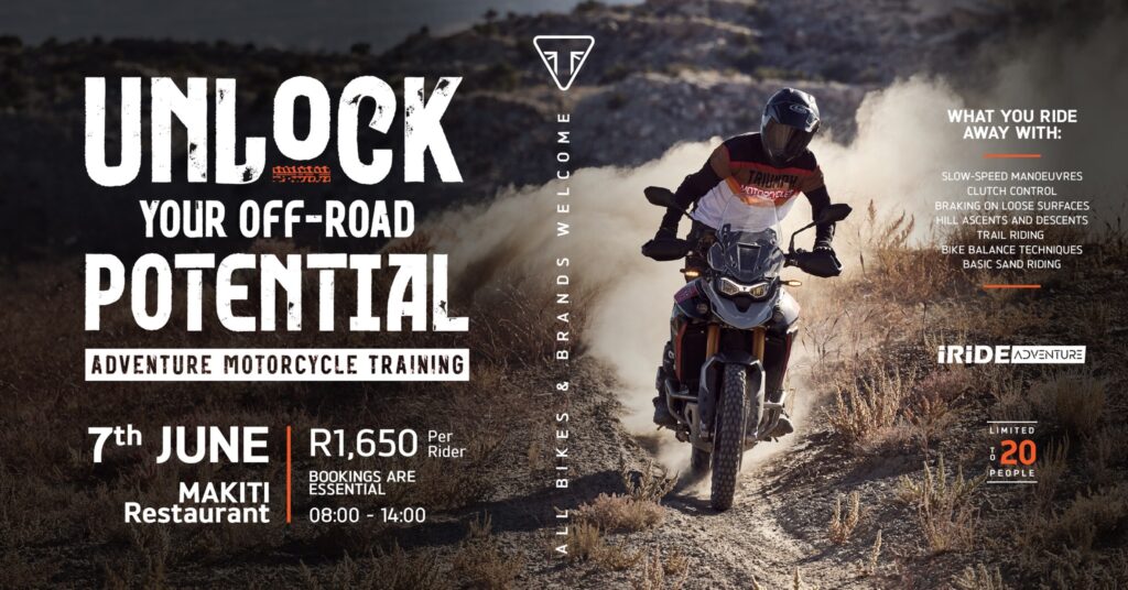 A promotional image for an off-road motorcycle training event, featuring a rider on a motorcycle navigating a dirt path. Key details include event title, date, location, cost, and training benefits listed on the side.