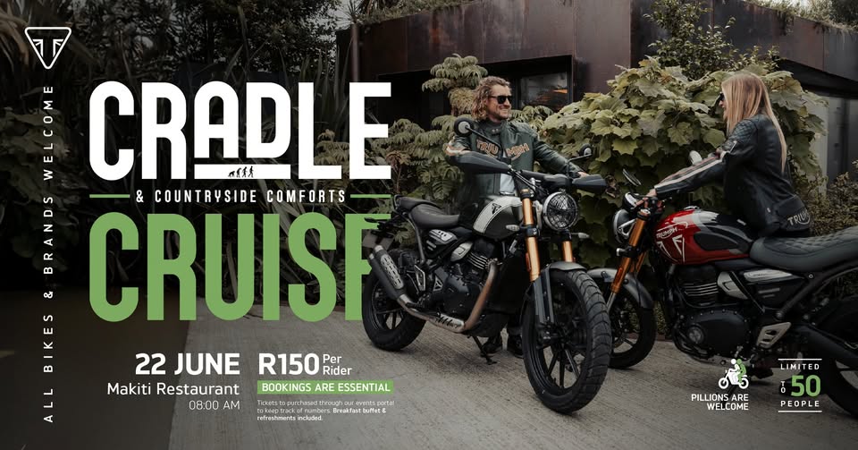 Promotional image for the Cradle Cruise & Countryside Comforts event featuring two riders interacting near motorcycles outside a restaurant, with event details displayed prominently.