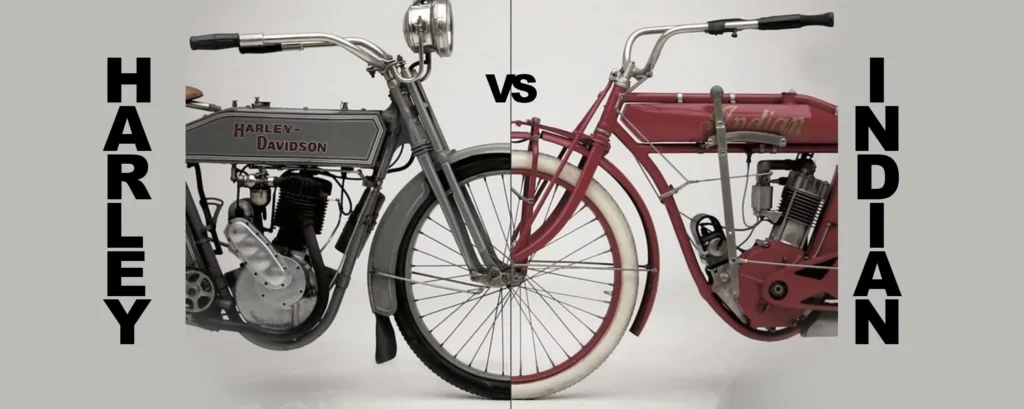 Early Harley-Davidson and Indian motorcycles side by side under the words Harley vs Indian