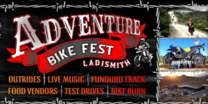 Adventure Bike Fest Ladismith banner listing outrides, live music and a funduro track