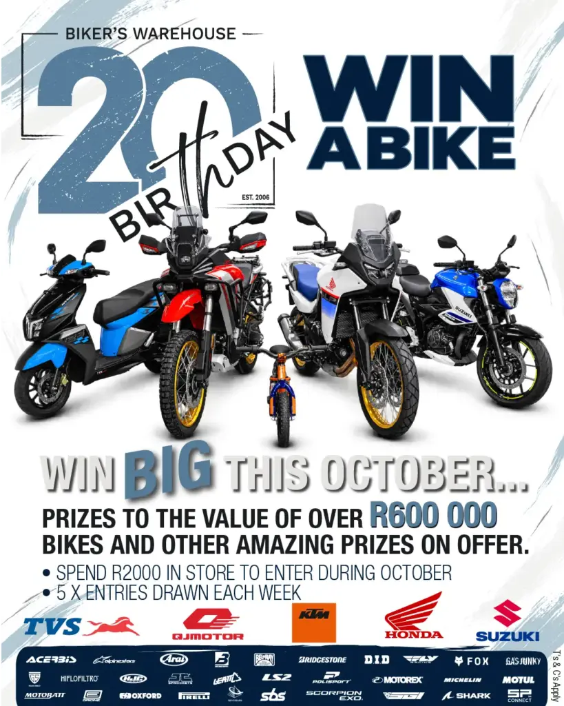 Biker’s Warehouse 20th birthday competition poster: win a bike when you spend R2,000 in-store in October