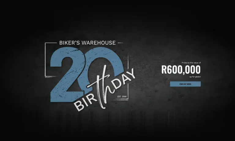 Biker’s Warehouse competition banner for its 20th birthday, with prizes to the value of R600,000