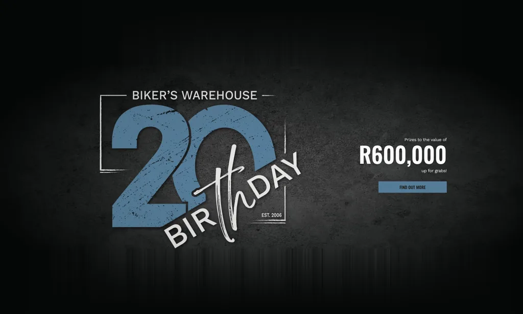 Biker’s Warehouse competition banner for its 20th birthday, with prizes to the value of R600,000