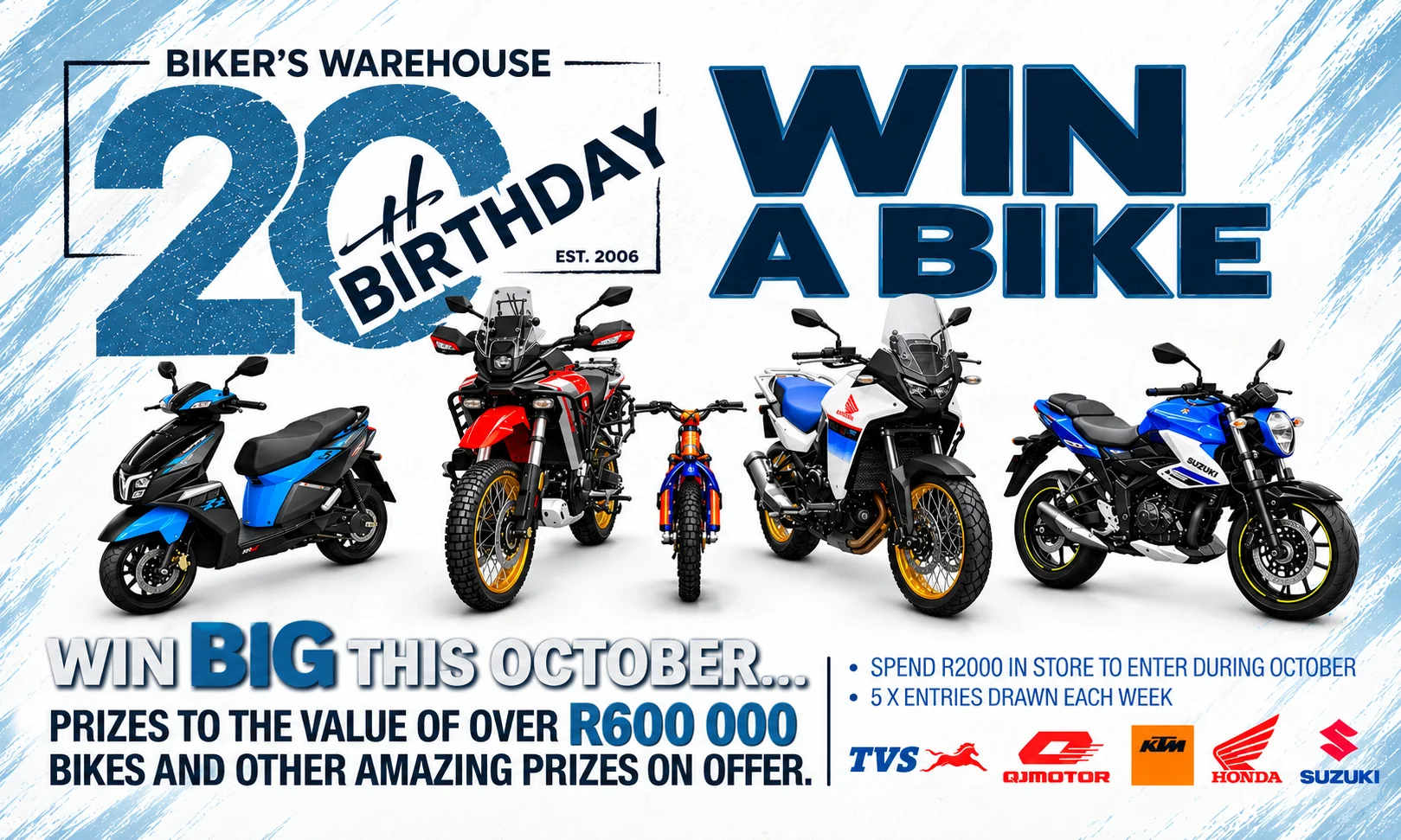 Biker’s Warehouse 20th birthday “Win a bike” poster with the prize motorcycles