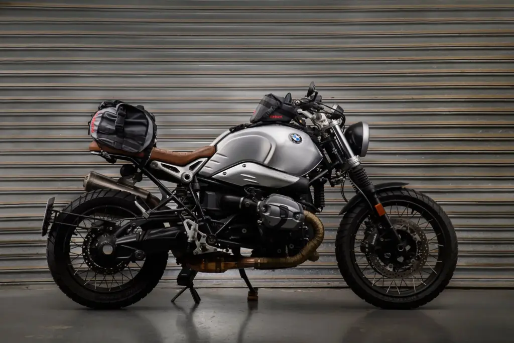 BMW R nineT Scrambler with Turkana Gear bags in a studio