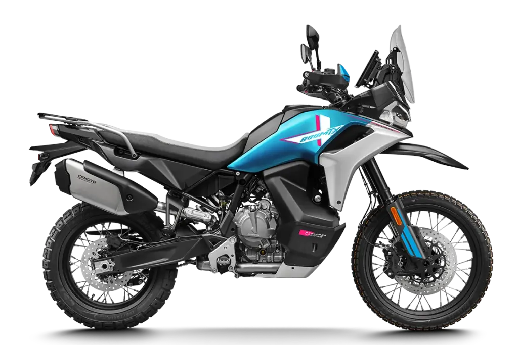 CFMOTO 800MT-X in blue and white, side view