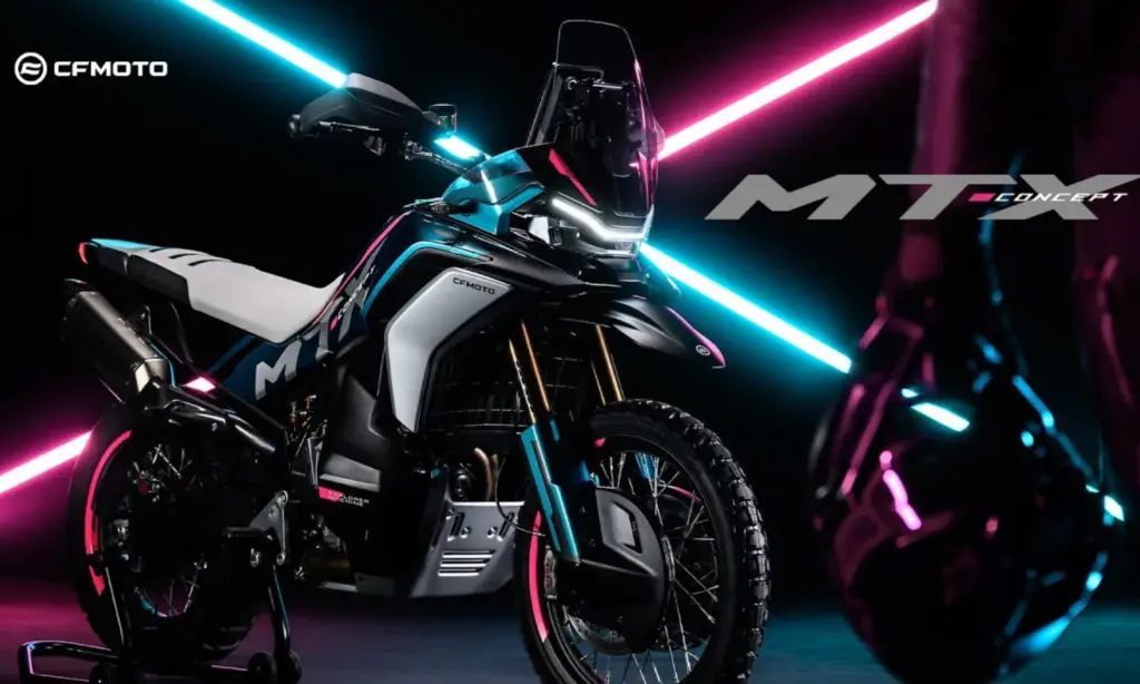 CFMOTO 800MT-X concept lit by neon lights in a studio