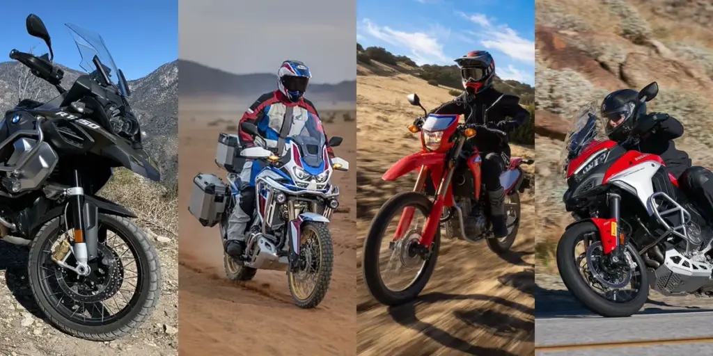 Collage of four adventure motorcycles, including a BMW GS and a Honda Africa Twin