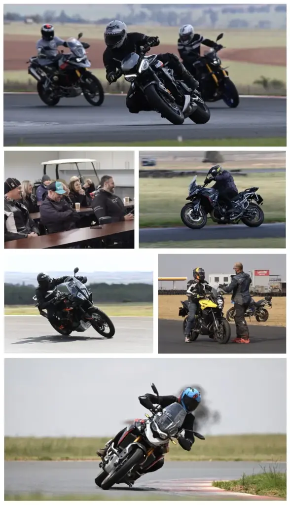 Collage of riders cornering on track and in the classroom at Triumph SA rider training