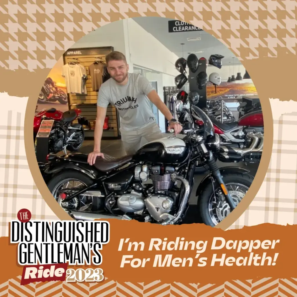 Distinguished Gentleman's Ride 2023 graphic of a rider with a black Triumph