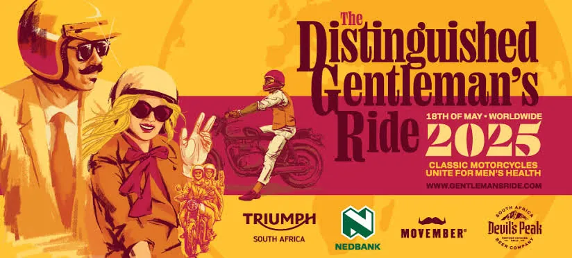 Distinguished Gentleman's Ride 2025 poster with Triumph South Africa, Nedbank and Movember logos