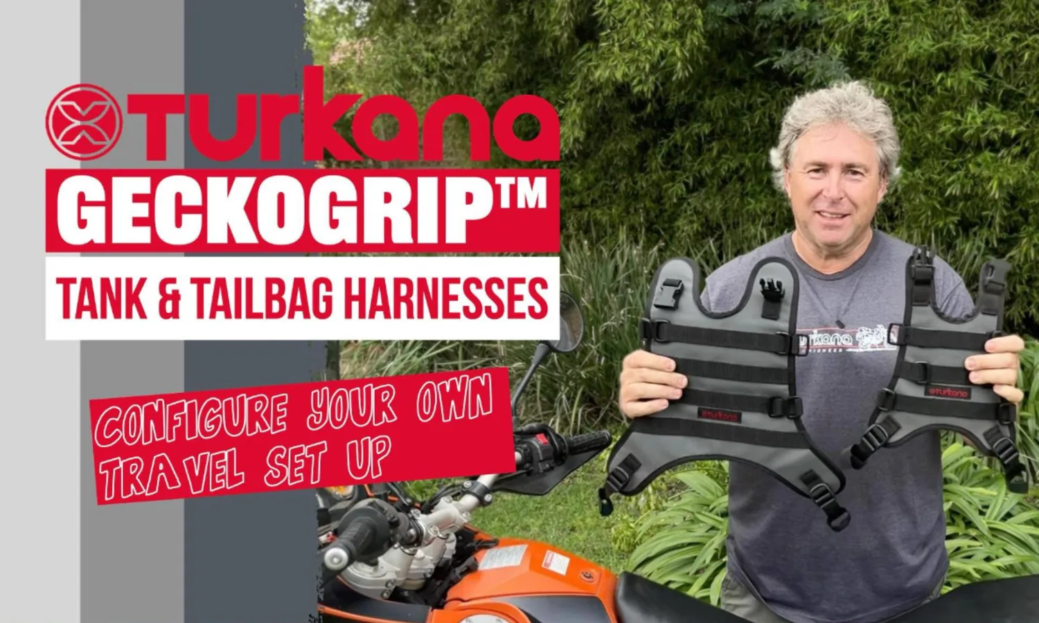 Man holding up a Turkana GeckoGrip tank and tailbag harness in a garden