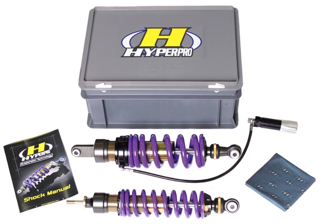 Hyperpro Streetbox for BMW Telelever models, with two purple-sprung shocks and its case