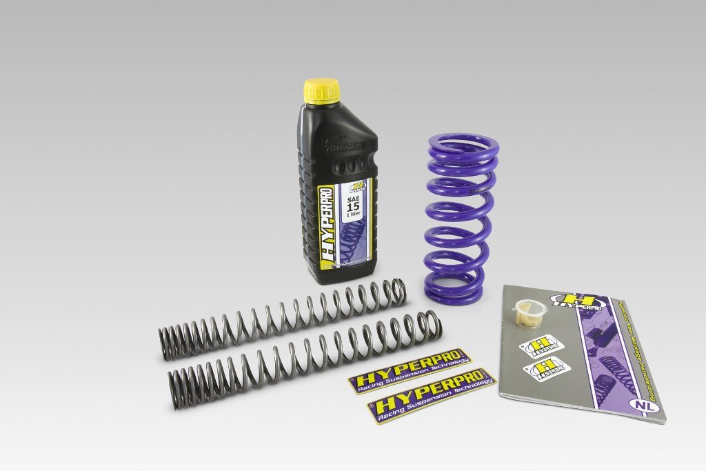 Hyperpro Combi Kit with progressive fork springs, a purple rear shock spring and fork oil