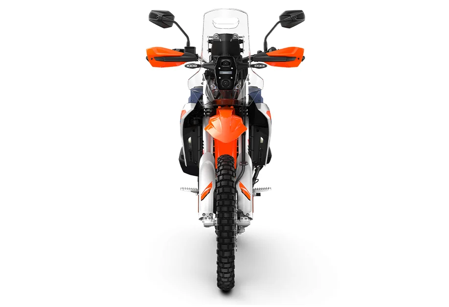 2027 KTM 690 Rally front view, showing the rally tower, windscreen and hand guards