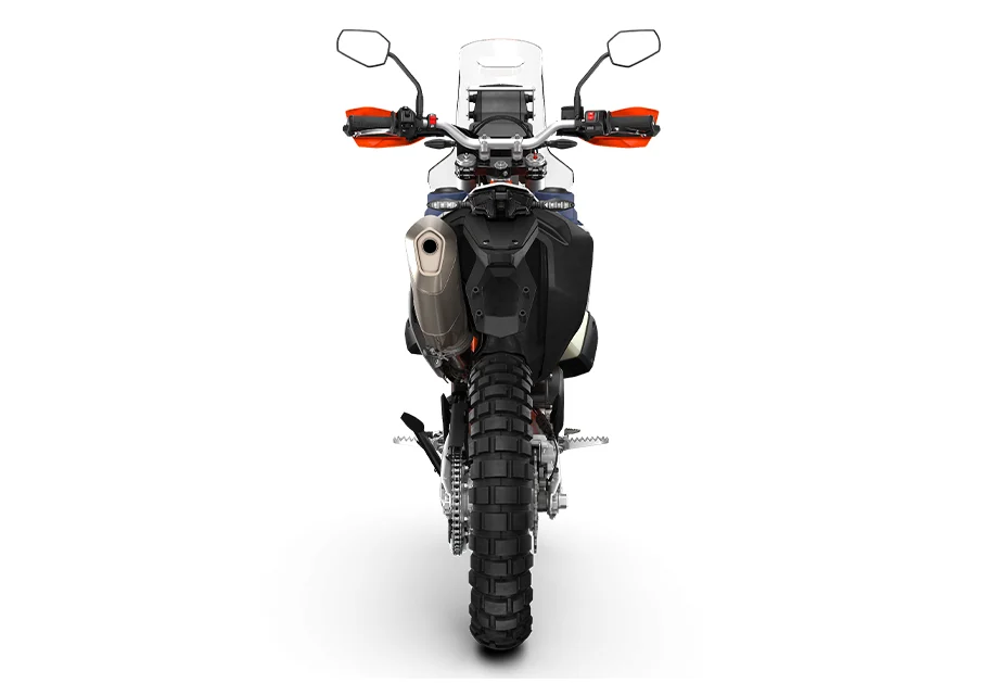 2027 KTM 690 Rally rear view, showing the narrow tail and silencer