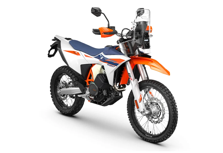 2027 KTM 690 Rally from the front right, showing the WP XPLOR fork and 21-inch front wheel