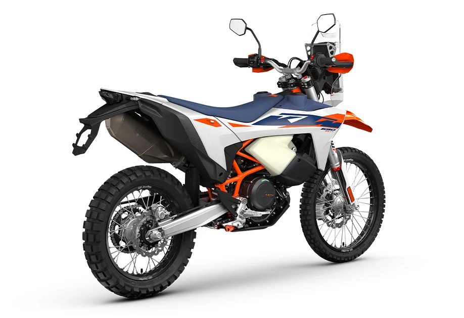 2027 KTM 690 Rally from the rear right, showing the LC4 engine and trellis frame