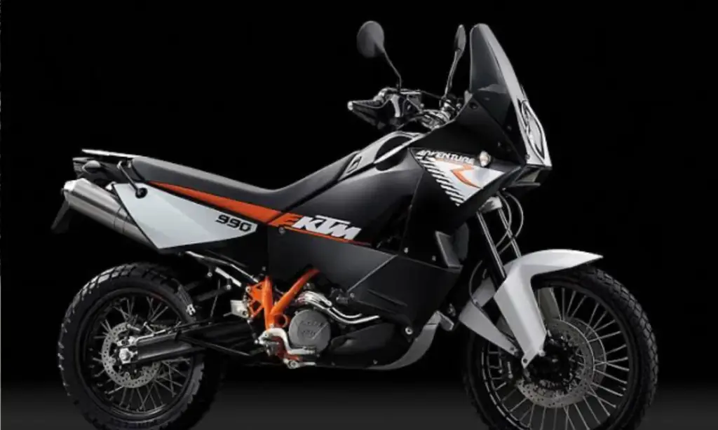 KTM 990 Adventure in black and white against a black background
