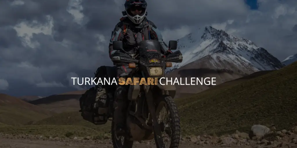 Rider on a loaded adventure bike for the Turkana Safari Challenge