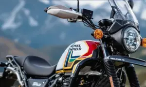 Close-up of the Royal Enfield Himalayan 750 tank, headlight and windscreen