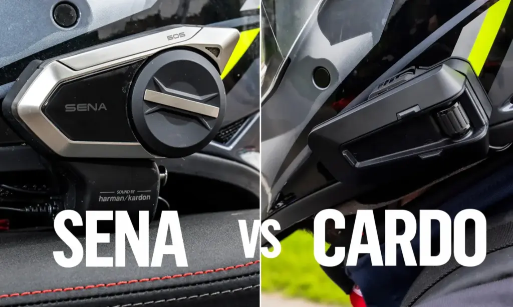 Sena and Cardo motorcycle intercoms mounted on helmets, side by side