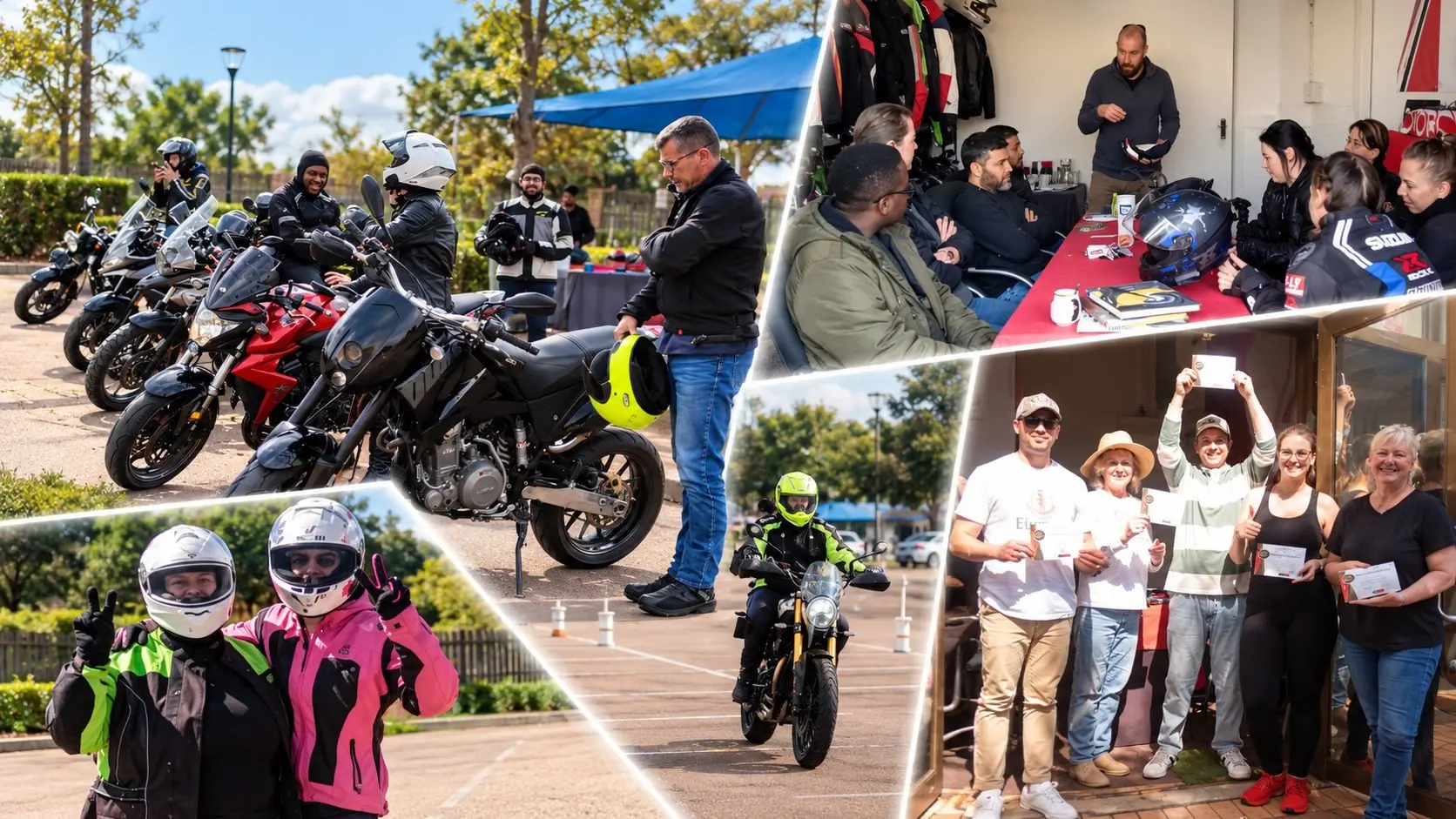 Synergy Racing Academy training day: the cones course, a classroom session and students with their certificates