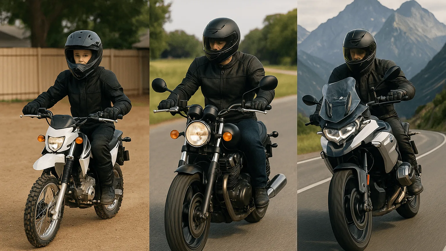 Three photos of a rider in black gear on different motorcycles
