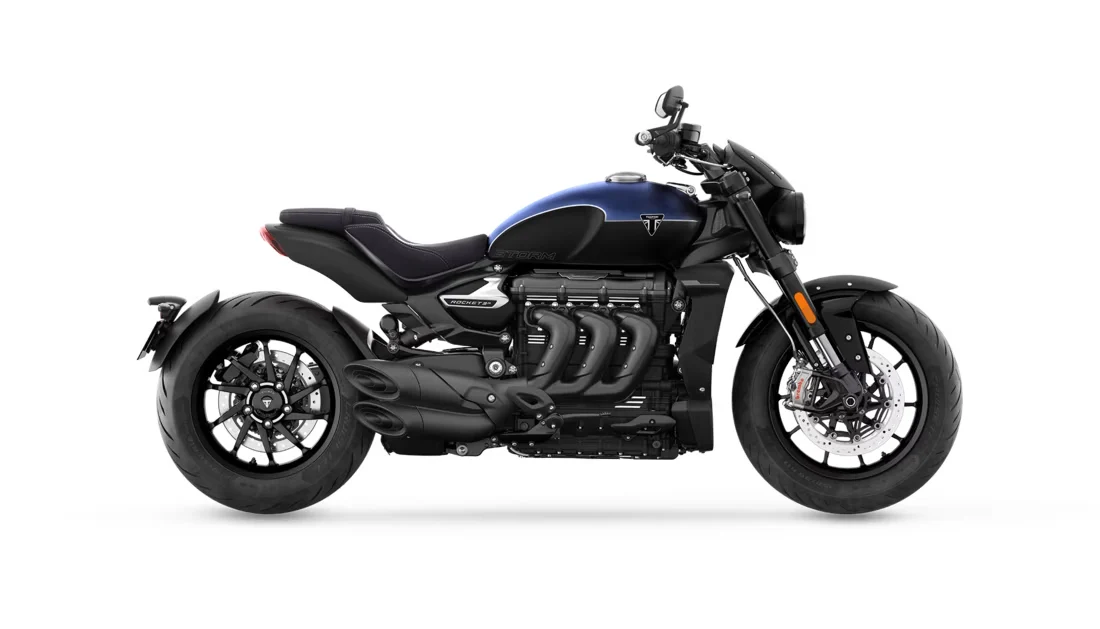 Triumph Rocket 3 Storm R side view, black with a blue tank