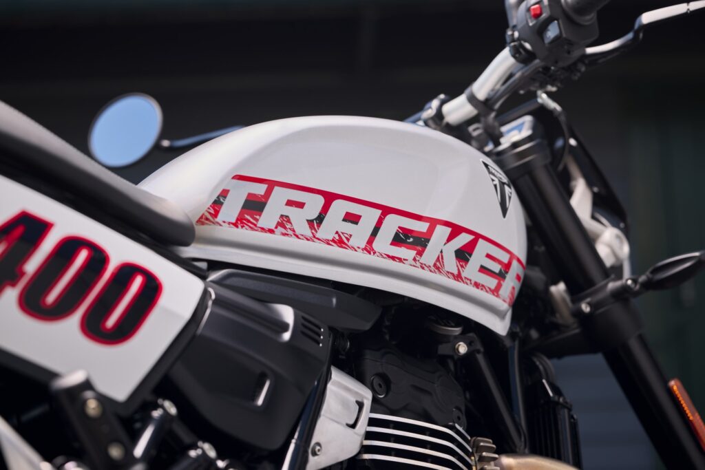 Triumph Tracker 400 fuel tank with Tracker graphics and a 400 number board