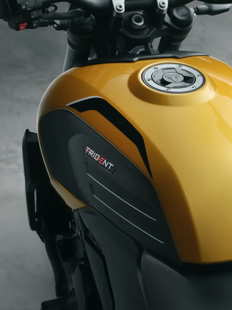 The reshaped fuel tank of the 2026 Triumph Trident 660, with deeper knee cut-outs