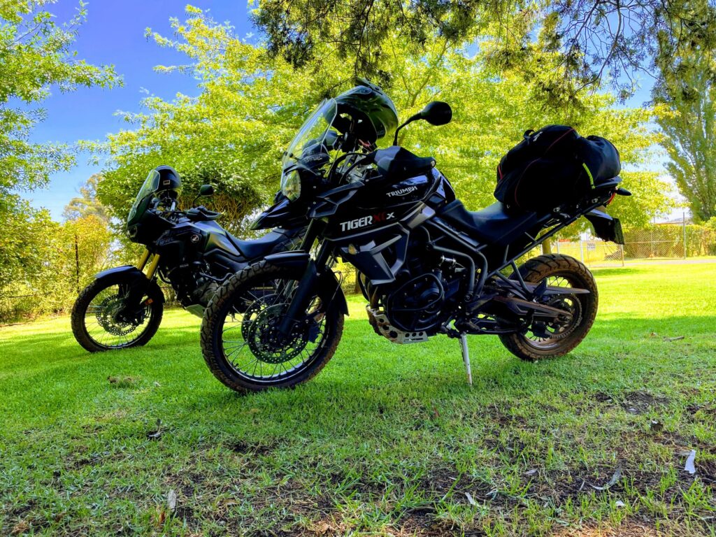 Two black Triumph Tiger 800 XCx motorcycles parked on grass under trees