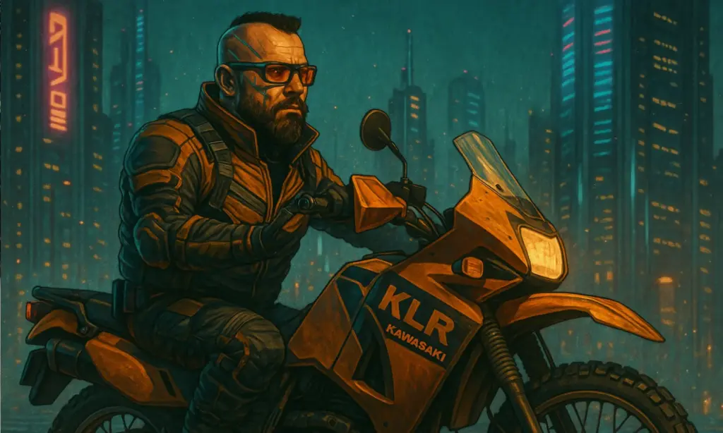 Digital art of a rider in glasses on a Kawasaki KLR650 at night