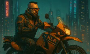 Digital art of a rider in glasses on a Kawasaki KLR650 at night